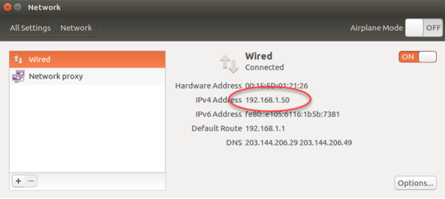 จะปรากฏหน้าต่าง Network ซึ่งมีรายละเอียดของ Interface ต่าง ๆ ดังแสดง จากรูปจะเห็นว่า IP Address ของสายสื่อสารคือ 192.168.1.50