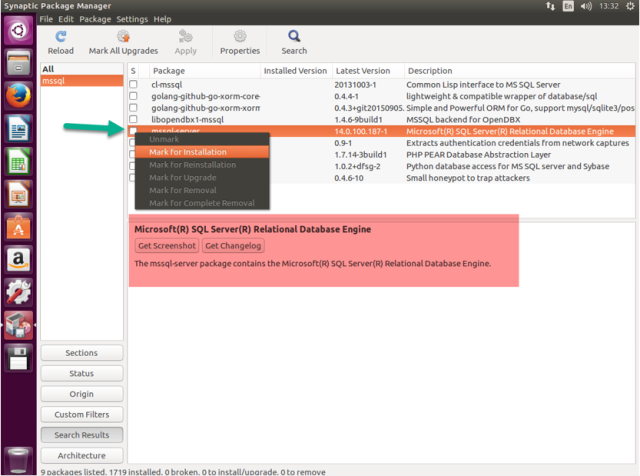 จะพบกับ Package ชื่อ mssql-server ดังแสดง ให้คลิกขวาแล้วเลือกไปที่ Mark for Installation เพื่อเลือกติดตั้ง