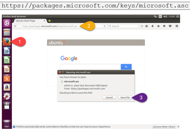 เมื่อเข้าสู่ Desktop ของ Ubuntu ให้ใช้ Mozilla Firefox ช่วยดาวน์โหลด GPG (GNU Privacy Guard) Public Key จาก Microsoft โดยป้อนลิงก์ต่อไปนี้ลงไป
