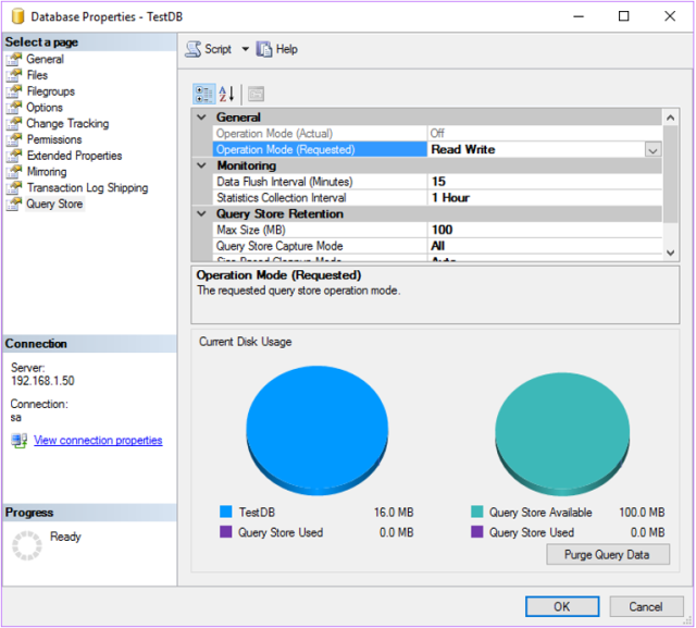 โดยผู้เขียนทดลองสร้างฐานข้อมูลชื่อ TestDB ขึ้นมา จากนั้นเรียกดู Properties ของฐานข้อมูล พบว่ามีส่วนที่สามารถตั้งค่าเกี่ยวกับ Query Store ได้ ผู้เขียนจึงทดลองกำหนดค่าดังแสดง