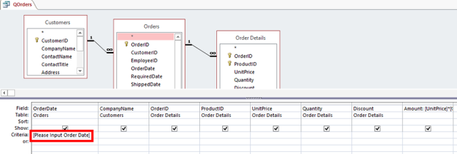 ส่วน Design view ของ Select Query QOrders ซึ่งมี parameter ที่ฟิลด์ OrderDate