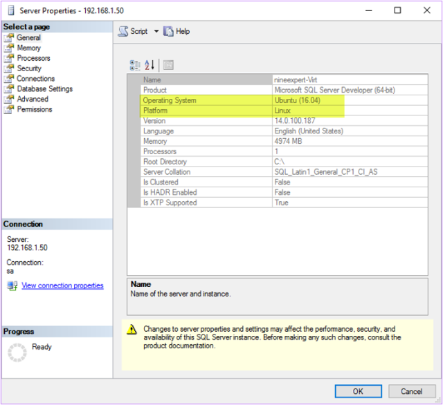 จะปรากฏหน้าต่าง Server Properties และพบว่า Microsoft SQL Server ติดตั้งอยู่บนระบบปฏิบัติการ Linux