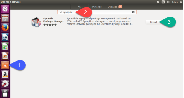 ค้นหา Software Package ชื่อว่า Synaptic แล้วเลือกติดตั้ง